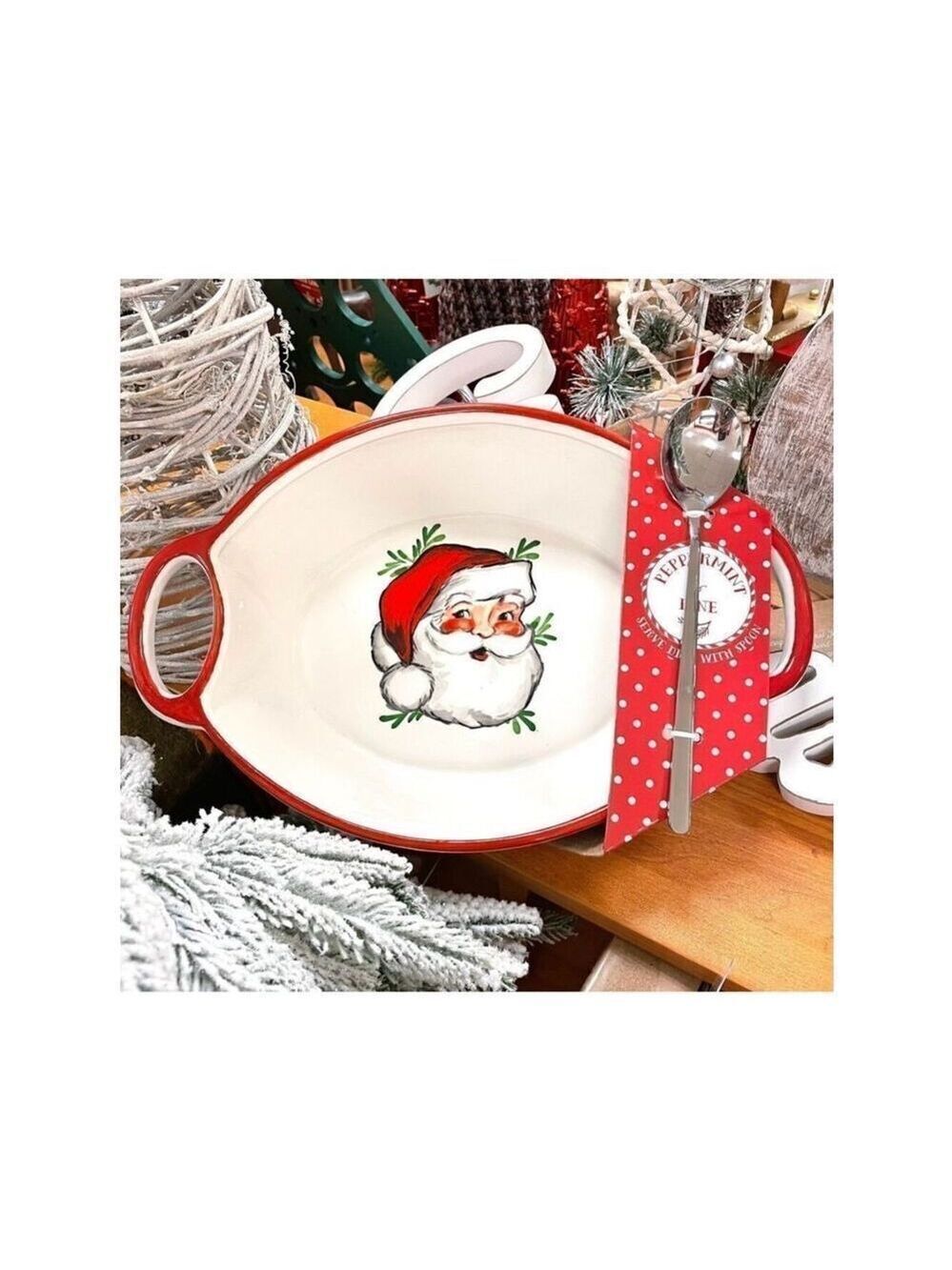 NWT Peppermint & Pine Ceramic White Red Christmas Santa Serve Dish Platter Spoon
